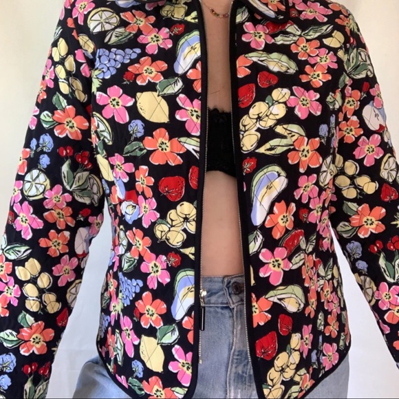 Y2K Funky Flower Fruit Printed Quilted Zip Up Boxy Grunge Picnic Festival Jacket - Picture 4 of 12